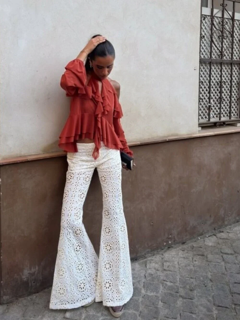 ZARA EMBROIDERED FLARE PANTS Size XS